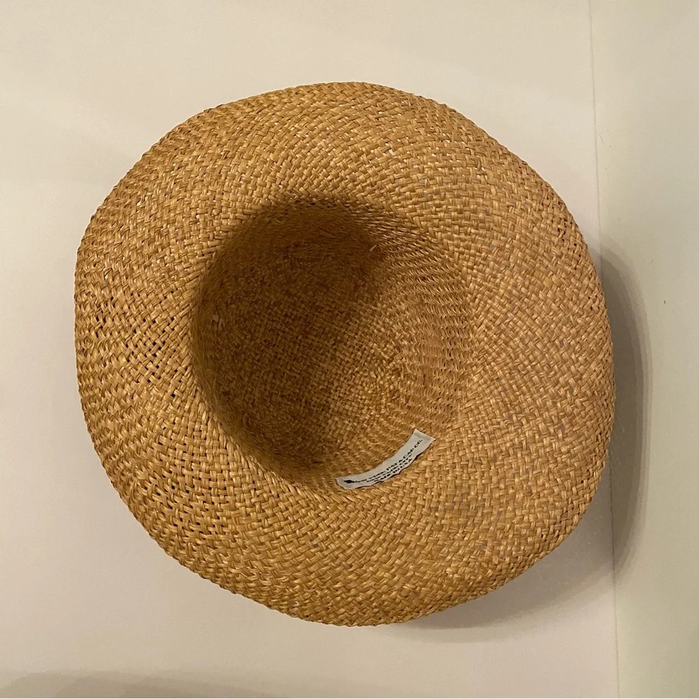 NEW YORK HAT & CAP CO HAT TAN STRAW BLACK GROSGRAIN RIBBON BOW WIDE BRIM USA